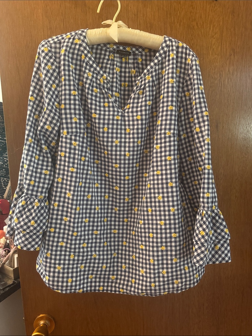Talbots Blue & White Gingham Blouse with Yellow Floral Embroidery